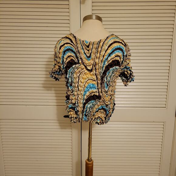 Y2K Crinkle Stretch Top Acrylic Paint Swirl Brown Blue Beige One Size Fits All - Picture 4 of 6